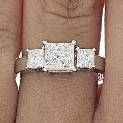 18K White Gold Three-Stone Diamond Ring - 1 CT GIA Certified Princess Cut Center