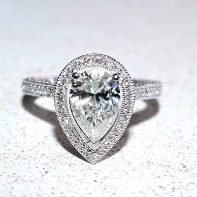 2.00 CT Pear Shape Cut Center Diamond / GIA - 14K White Gold / Halo / Round Pave