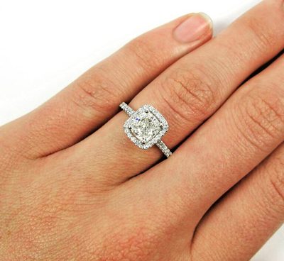 GIA Certified 1.50 CT Center Cushion Diamond Ring with 14K White Gold Halo Ring