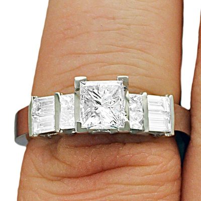 14K White Gold 1.50 CT GIA Princess Cut & Baguette Channel Set Diamond Ring