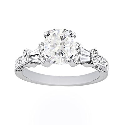 18K White Gold Cushion Diamond Ring 1 CT Center - Baguette & Round Sides - GIA