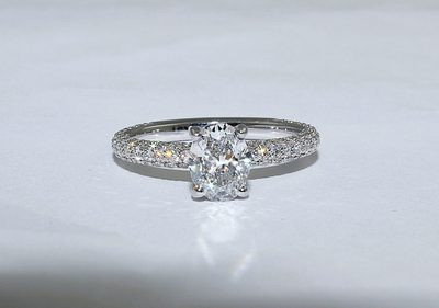 GIA Certified Natural 1.20 CT Oval Cut Diamond Ring - Round Pave' Set Side / 14K