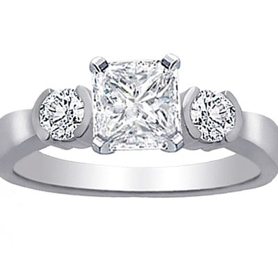 14K White Gold Three-Stone Diamond Ring - Center Diamond 1.00 Princess Cut F-VS2