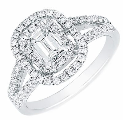 GIA Certified 2.00 ct Engagement Ring Emerald Cut Double Halo & Split Shank 18k