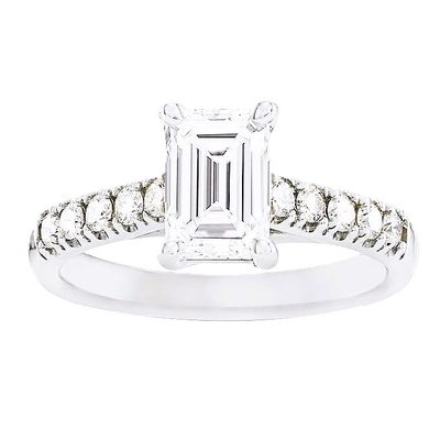 1.70 CT Emerald Cut GIA Certified F/VS1 Center & Round Diamond Ring -18K WH Gold