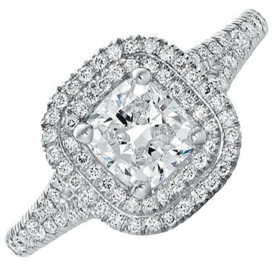 Cushion Cut GIA Certified Diamond Ring - Double Halo Pave' Set Round Diamonds