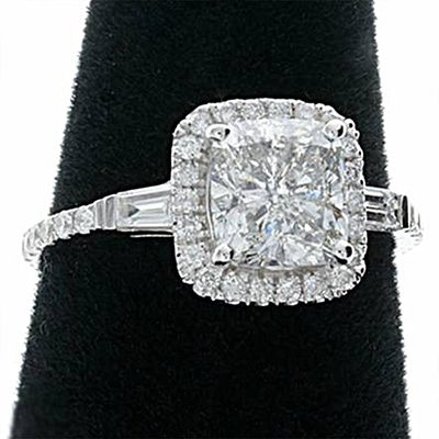 GIA Platinum Cushion Cut Diamond Ring / Baguette & Round Side Diamonds -2.70 TCW