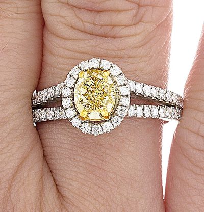 14K White Gold GIA Certified 1.50 CT Fancy Yellow Oval Shape Diamond & Halo Ring