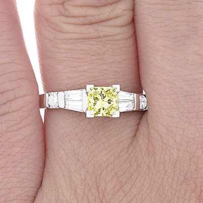 1 CT Princess Cut GIA Fancy Yellow Diamond Ring + Baguette & Rounds Side Diamond