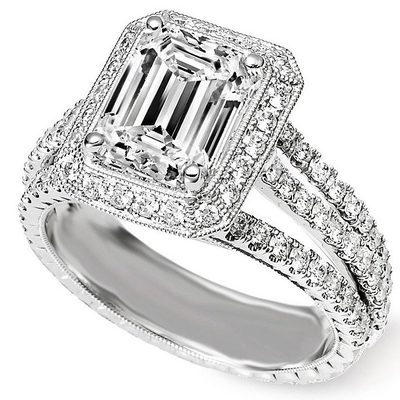 Diamond Engagement Ring Emerald & Round Cut GIA Certified 2.50 CT 18k White Gold