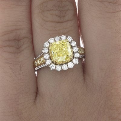 GIA 2.00 CT Fancy Yellow Cushion Cut Diamond Two-Tone Halo Ring – 18K Gold