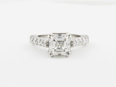 GIA Certified 2.00 Carat Asscher and Round Cut Diamond Engagement Ring Platinum