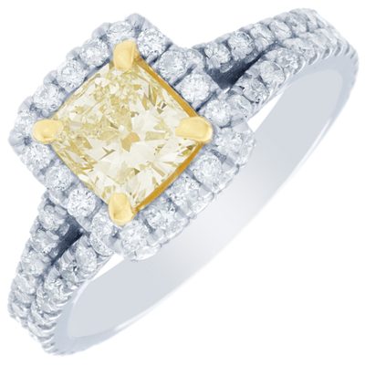 GIA Certified 2 Carat Cushion Diamond Engagement halo Fancy Yellow Ring Platinum