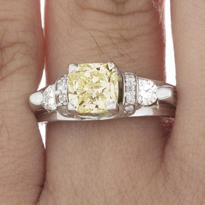 Estate Antique Style GIA 2.50 CT Fancy Yellow Cushion Diamond Engagement in P...