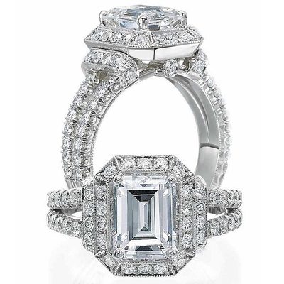 Vintage Inspired Emerald Cut Diamond 3.00 Carat Engagement Ring 18k White Gold