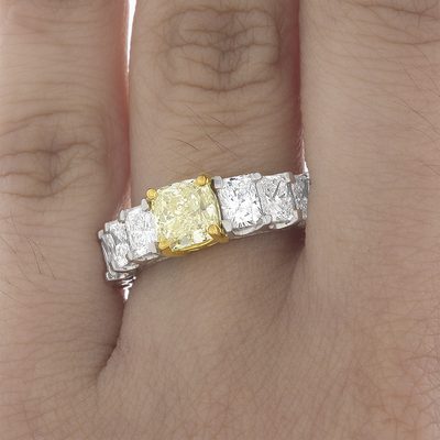 Natural 4.00 CT GIA Fancy Yellow Cushion Diamond Eternity Engagement in Platinum