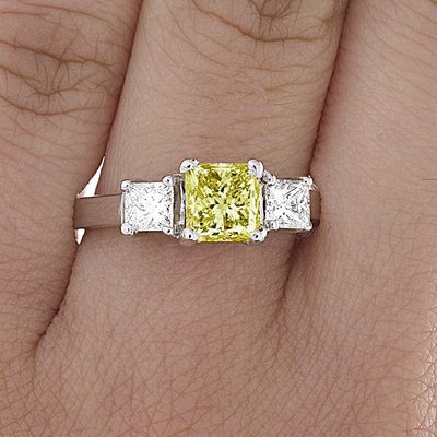 Platinum Three-Stone Fancy Yellow & Side White Diamond Ring -1.50 CT Radiant GIA