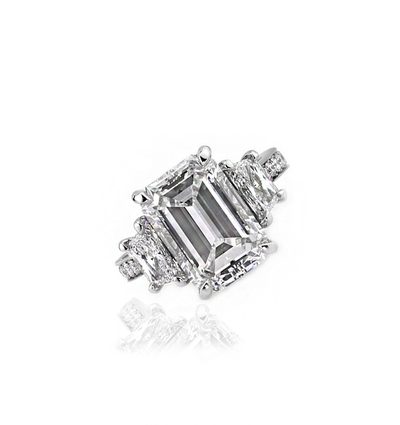 18K Three Stone Diamond Engagement Ring 2.50 Carat Emerald & Trapezoid Cut