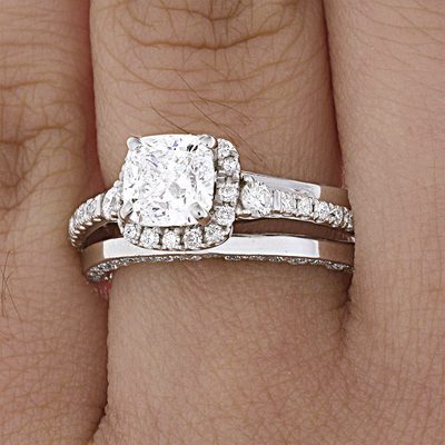 GIA 1.20 CT Cushion Cut Center - Round Cut Sides - Halo / Pave' Set - Platinum