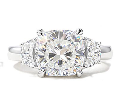 GIA Certified 2 CT Natural Cushion Cut Three-Stone Diamond Ring with 1/2 Moons