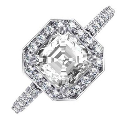 3.00 Carat Asscher & Round Halo Cut 18k Diamond Bridal Set Ring GIA Certified