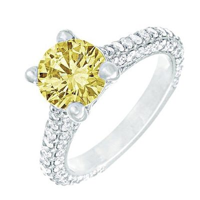 GIA 2.00 CT Center Fancy Intense Yellow Round Cut Diamond Ring -Platinum + Pave'