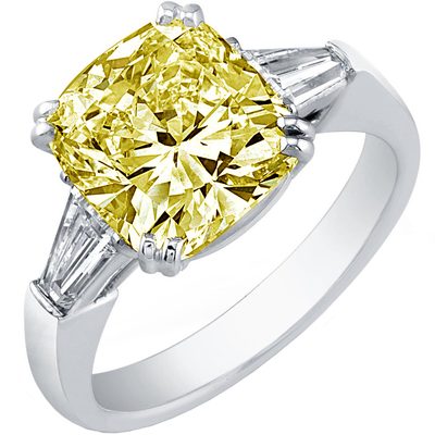 Fancy Yellow GIA Certified 2.50 Carat Cushion & Baguette Diamond Engagement Ring