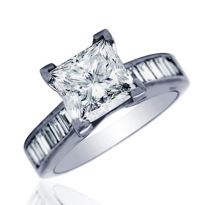 Platinum 3.00 CT Princess and Baguette Cut Diamond Engagement Ring GIA Certified