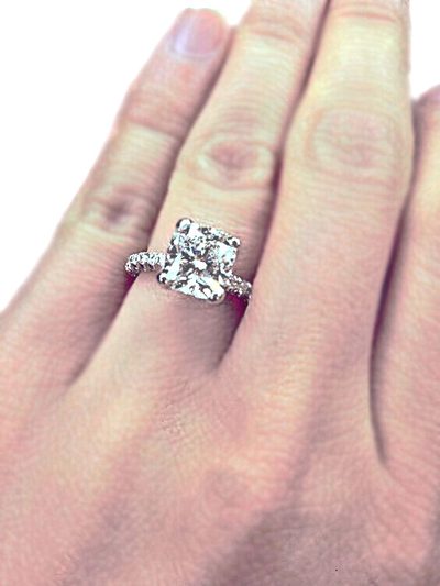 GIA 2.50 CT Cushion Shape Diamond Ring & Round Cut Side Pave' - 14K White Gold