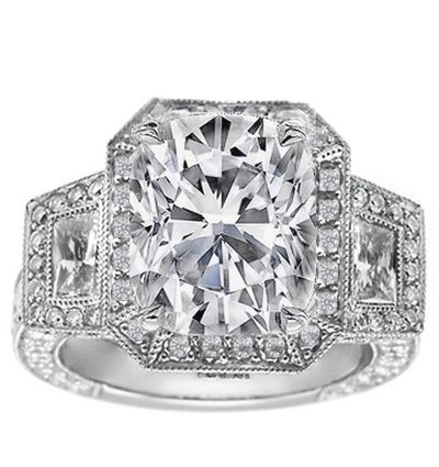 3 Stone Diamond Engagement Halo Shape Ring GIA Certified 4.50 CT Radiant & Tr...