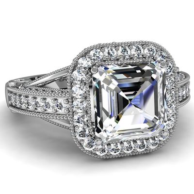 Diamond Engagement Ring 3.75 CT Asscher & Round Cut GIA Certified 18k White Gold