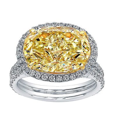 Rare 7.75 CT Platinum Fancy Yellow GIA Certified Oval & Round Shape Diamond Ring