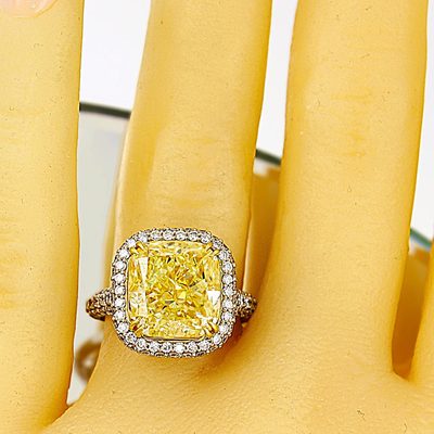 GIA Certified 5 CT Natural Cushion Fancy Yellow - Platinum 1.50 cts Round Ring