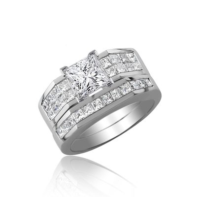 Diamond Bridal Set Ring 3.50 Carat Princess Cut 18k White Gold GIA Certified