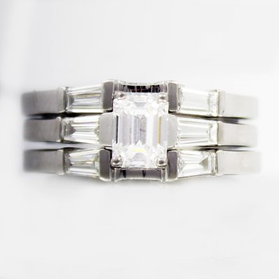 2.00 CT Emerald and Baguette Cut Diamond Bridal Ring Set 18k White Gold GIA