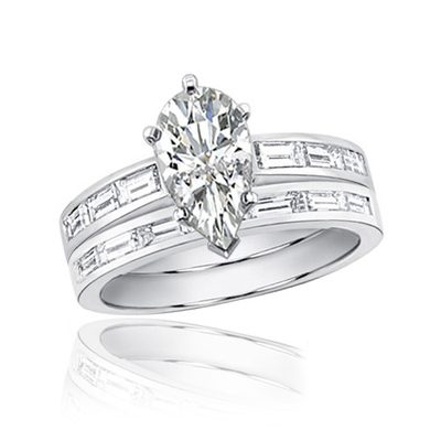 Pear & Baguette Shape Diamond Bridal Set Ring 2.50 CT GIA Certified 18k Gold