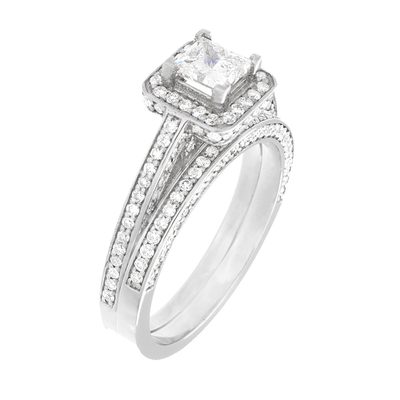 GIA Certified 3.50 Carat Princess & Round Cut 18k Diamond Bridal Ring Set