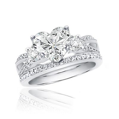 GIA Certified 4.00 Carat Heart Diamond Bridal Ring Set 18k White Gold