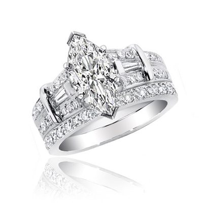 14k White Gold 3.00 Carat Marquise Cut Diamond Bridal Ring Set GIA Certified
