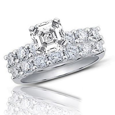 GIA Certified Asscher & Round Cut 2.25 CT Diamond Wedding Ring Set 18k Gold