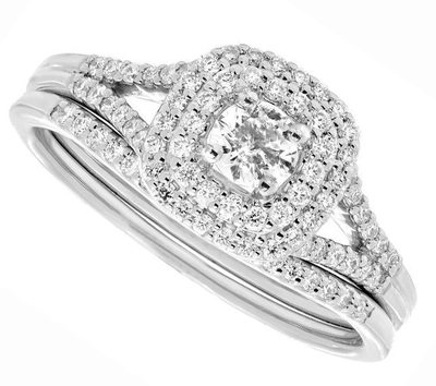 GIA Certified Cushion & Round Cut Natural Diamond Bridal Set / Double Halo - 14K