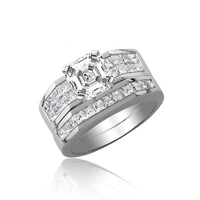 GIA Certified Classic Style Diamond Bridal Set 3.25 Carat Asscher Cut 18k Gold