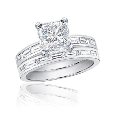 Radiant and Baguette Cut Diamond Bridal Ring Set 3.00 CT GIA Certified 18k Gold