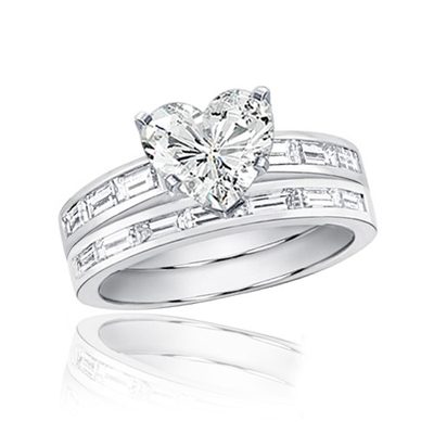 GIA Certified  Bridal Ring Set Heart w/ Baguette Diamond 3.75 CT 18k White Gold