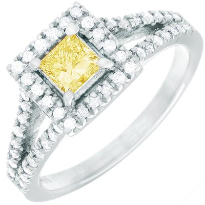 GIA Certified Diamond Engagement Ring 2 CT 18k Fancy Yellow Princess & Round Cut