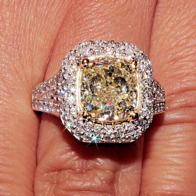 4.00 CT Center DIA Appraised Fancy Yellow Cushion with Round Shape Side Diamonds