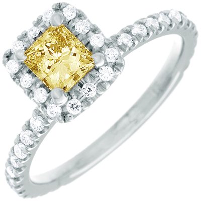 GIA Certified Princess & Round Diamond Engagement Ring Fancy Yellow 2.1 CTW 18k