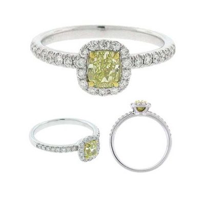 GIA Certified Cushion & Round Diamond Engagement Ring Fancy Yellow 2 CT 18k Gold