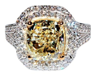 3.00 CT Cushion Cut Fancy Yellow Center / Double Halo Pave' Side Rounds 14K -GIA