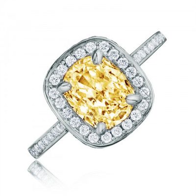 Fancy Yellow 2.7 CTW GIA Certified Cushion Cut Diamond Engagement Ring 18k Gold